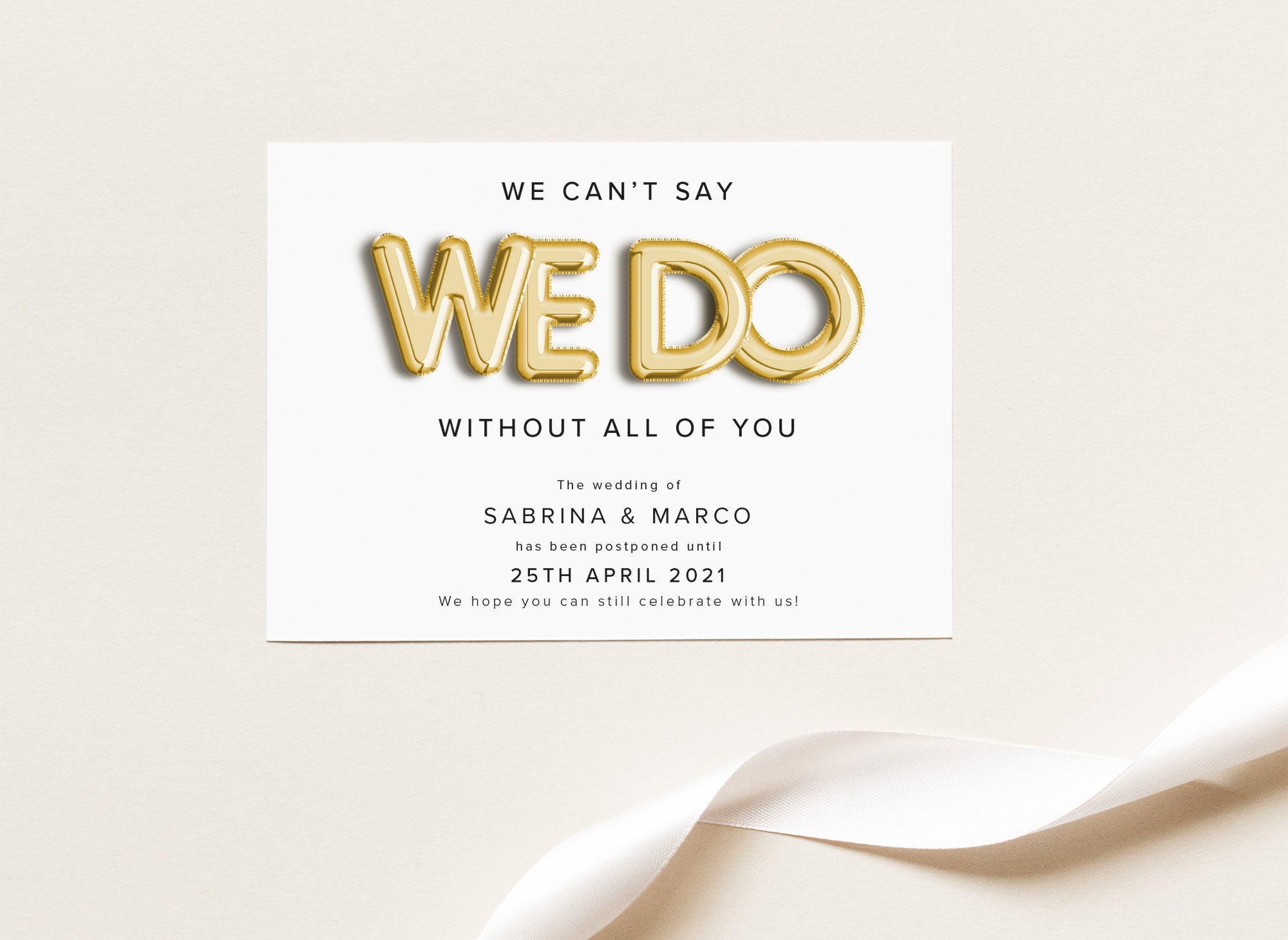 change the date card with gold foil balloon style letters that spell out we do