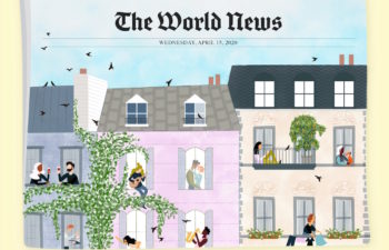 Image of "World News" with people sheltering at home