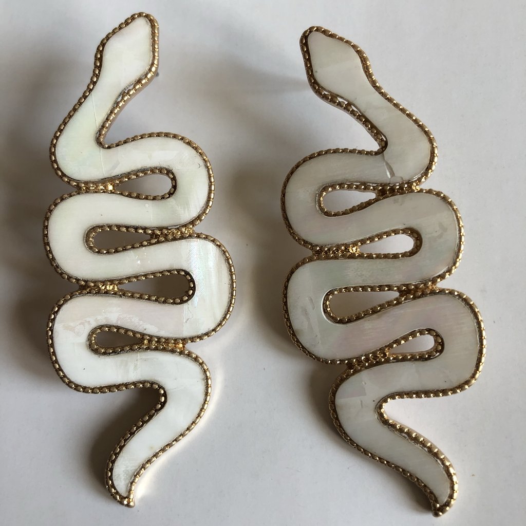 white abalone snake earrings