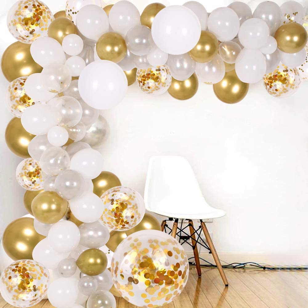 White and gold balloon arch backyard wedding decor