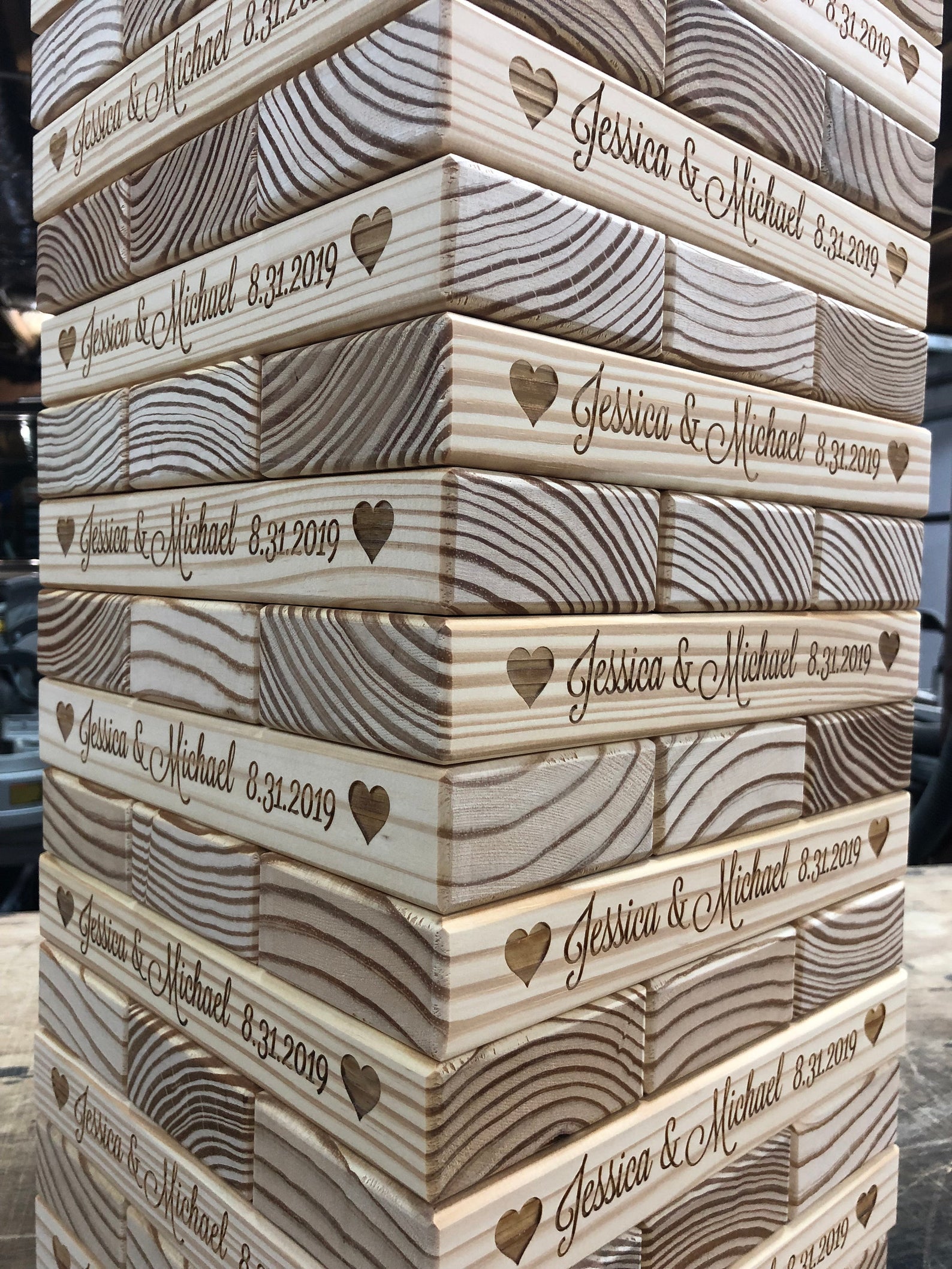 Custom large Jenga game with couple's name and wedding date engraved