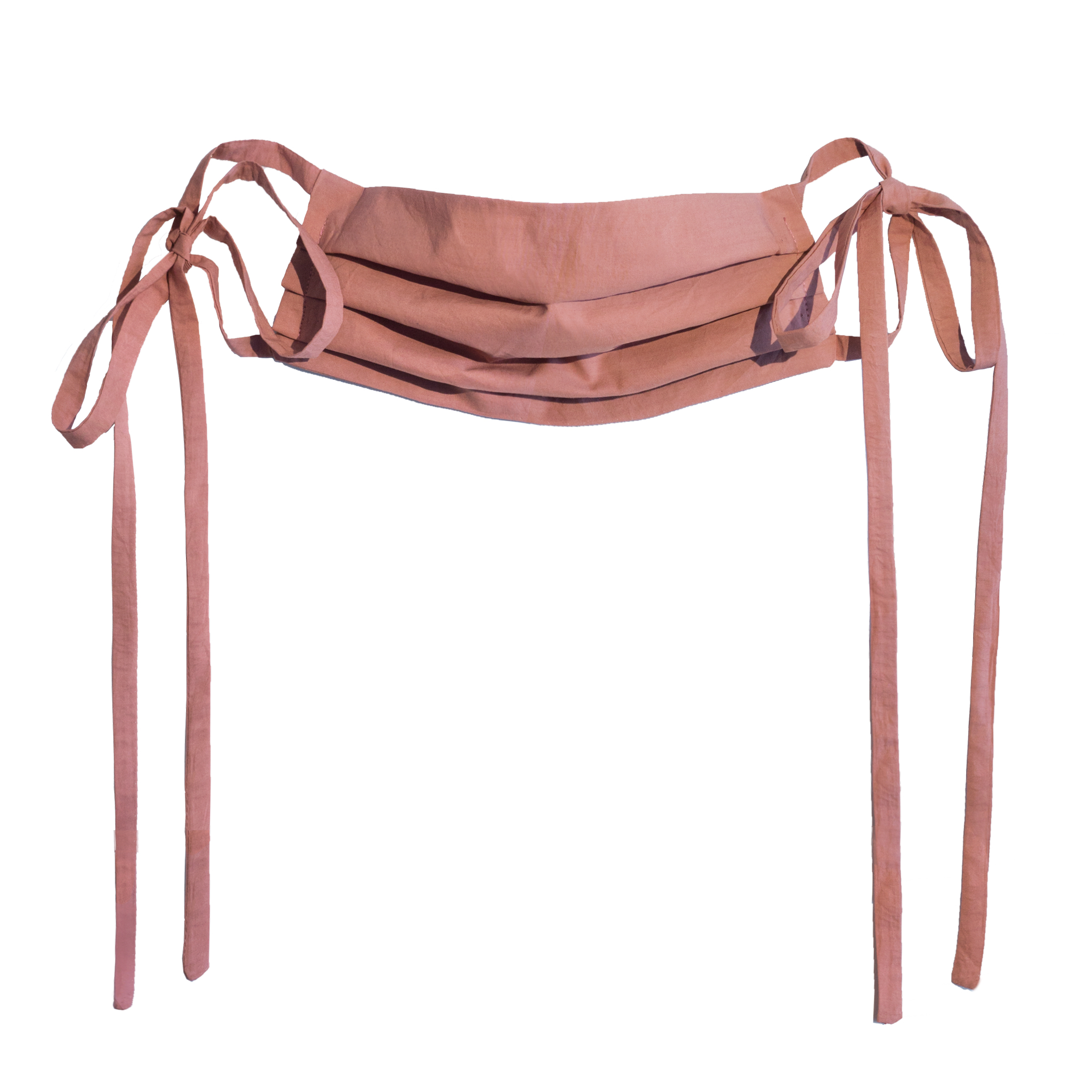 a mauve face mask with elongated decorative strings 