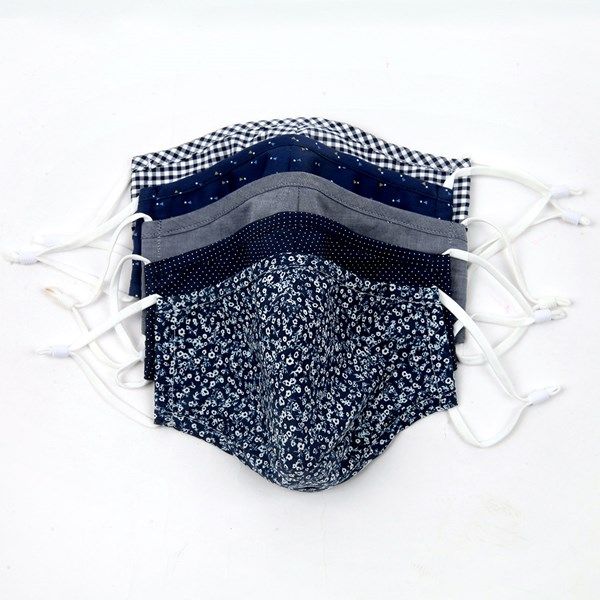 a set of 5 navy blue patterned reusable face masks