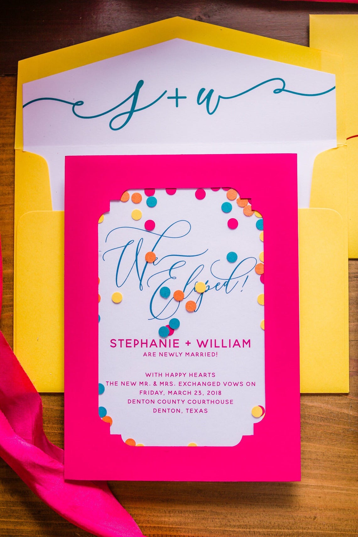 bright yellow and pink we eloped card with multicolor confetti