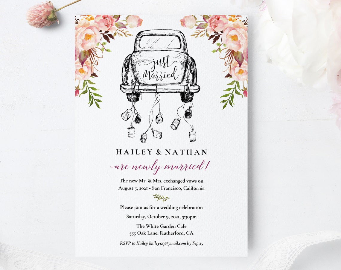 announcement with illustrated getaway car with tin cans