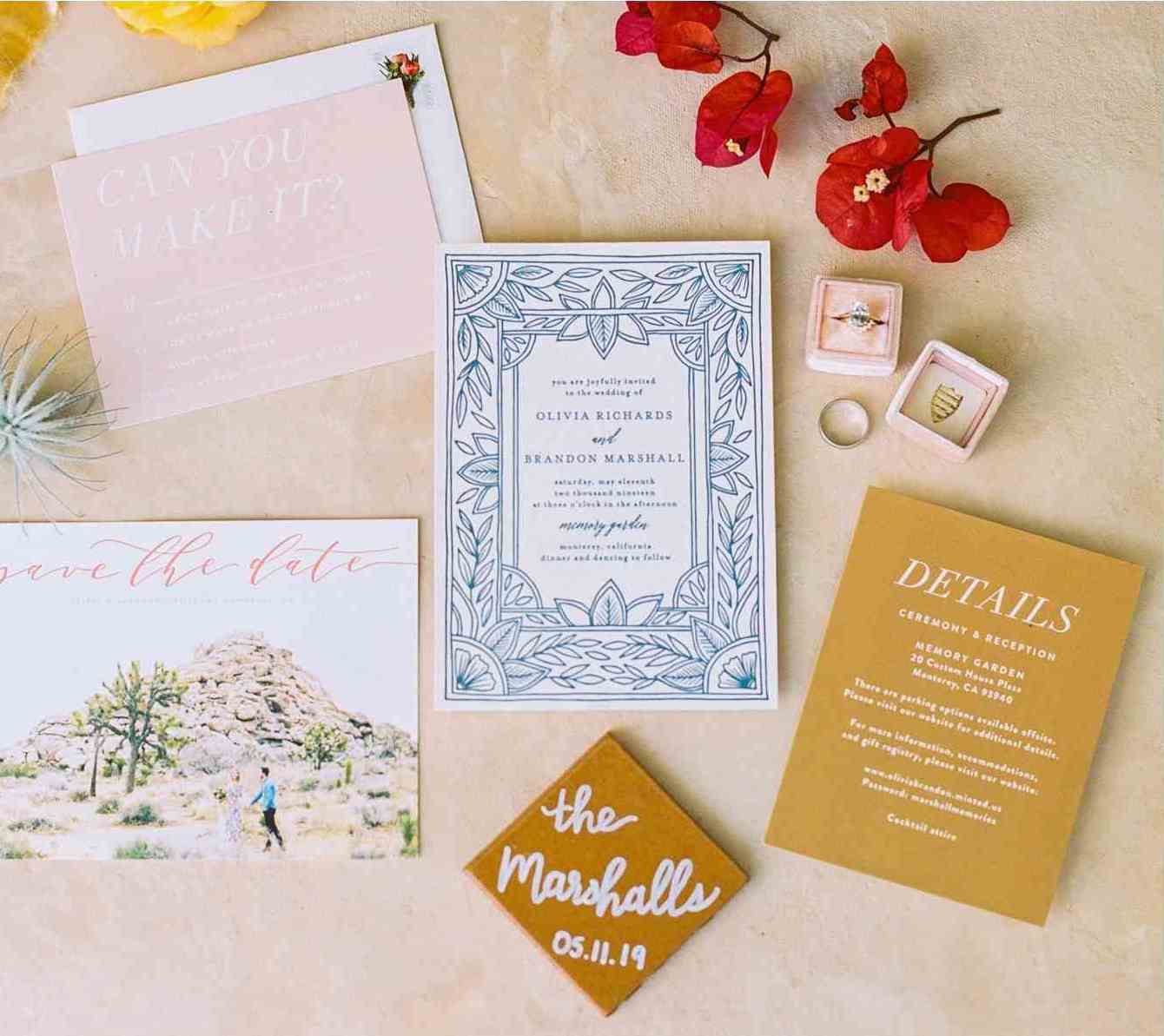 Flat lay image of wedding invitation suite from Minted