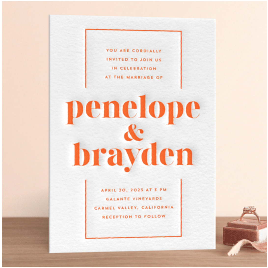 Modern orange and white wedding invitation from Minted