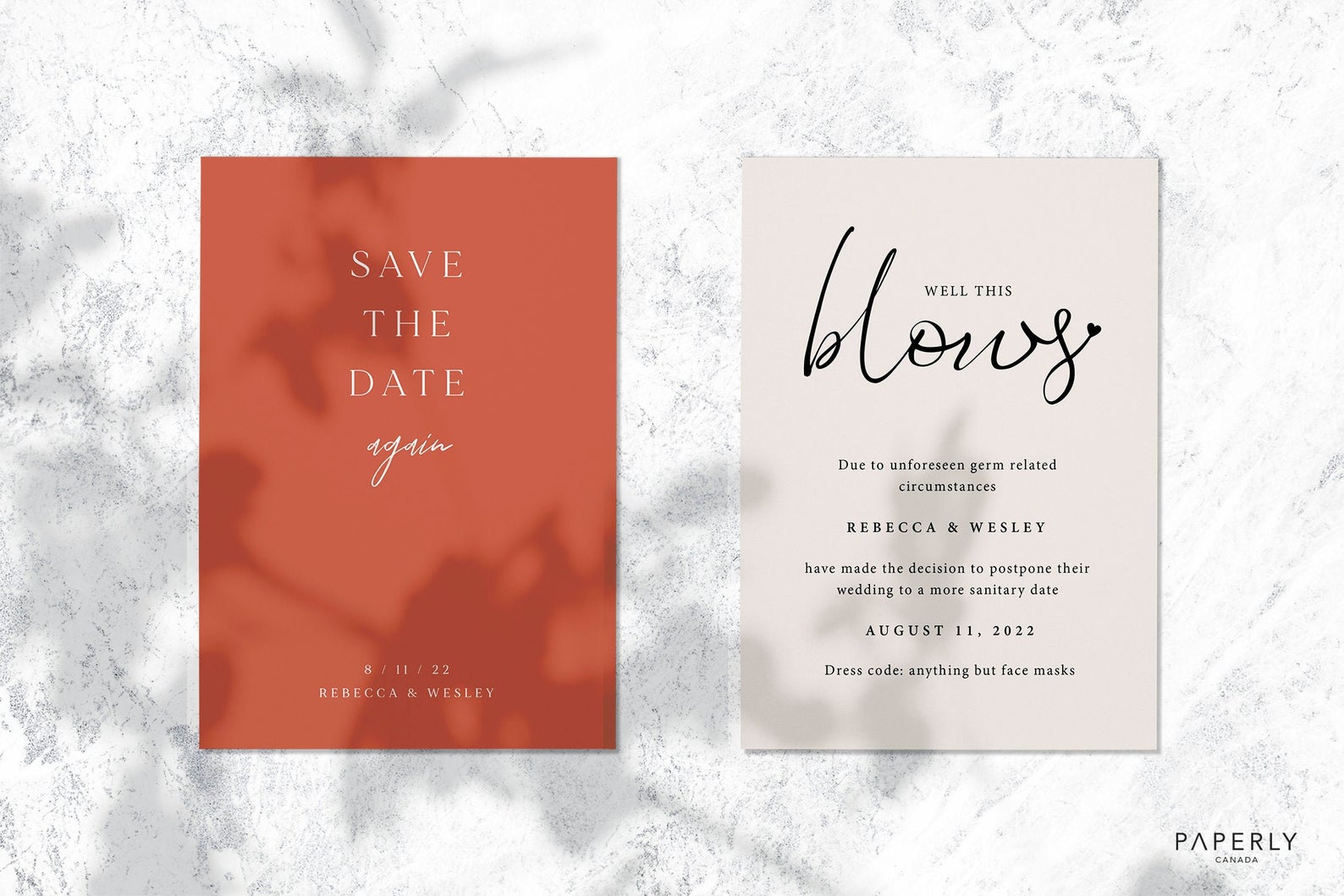Flat lay image of a wedding save the date for 2020 rescheduled wedding