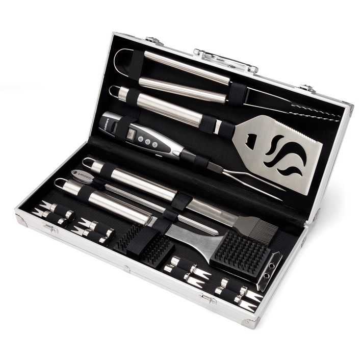 Silver metal barbeque tool set in a silver case