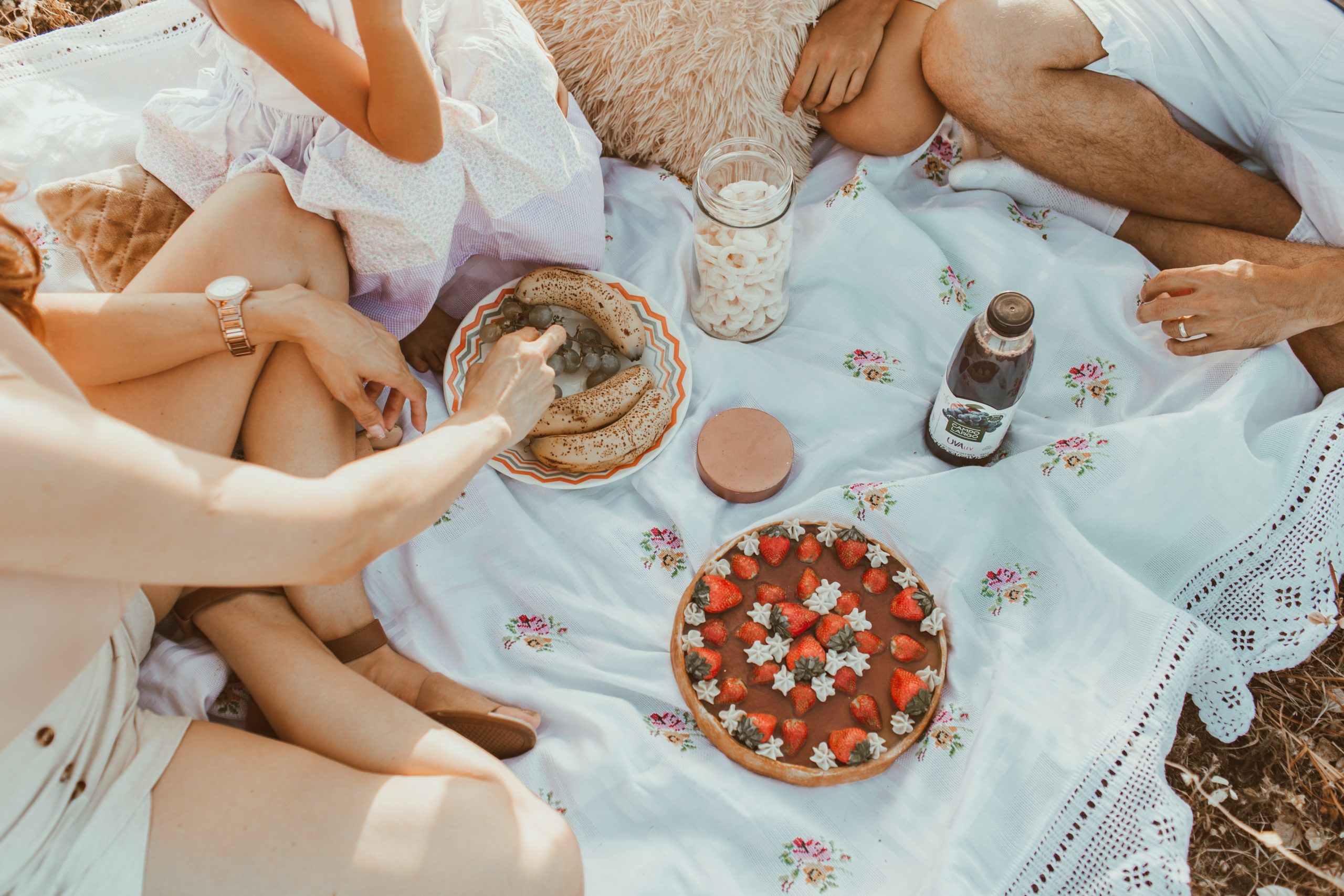 Family sitting on picnic blanket eating food