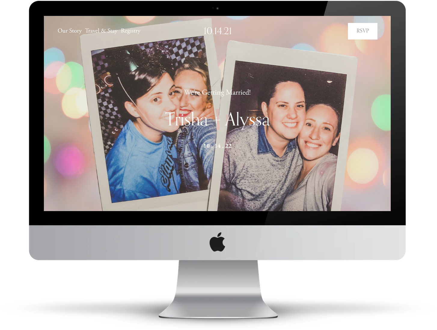 Computer screen displaying wedding website showing DIY engagment photo of vintage polaroid style photos of two women