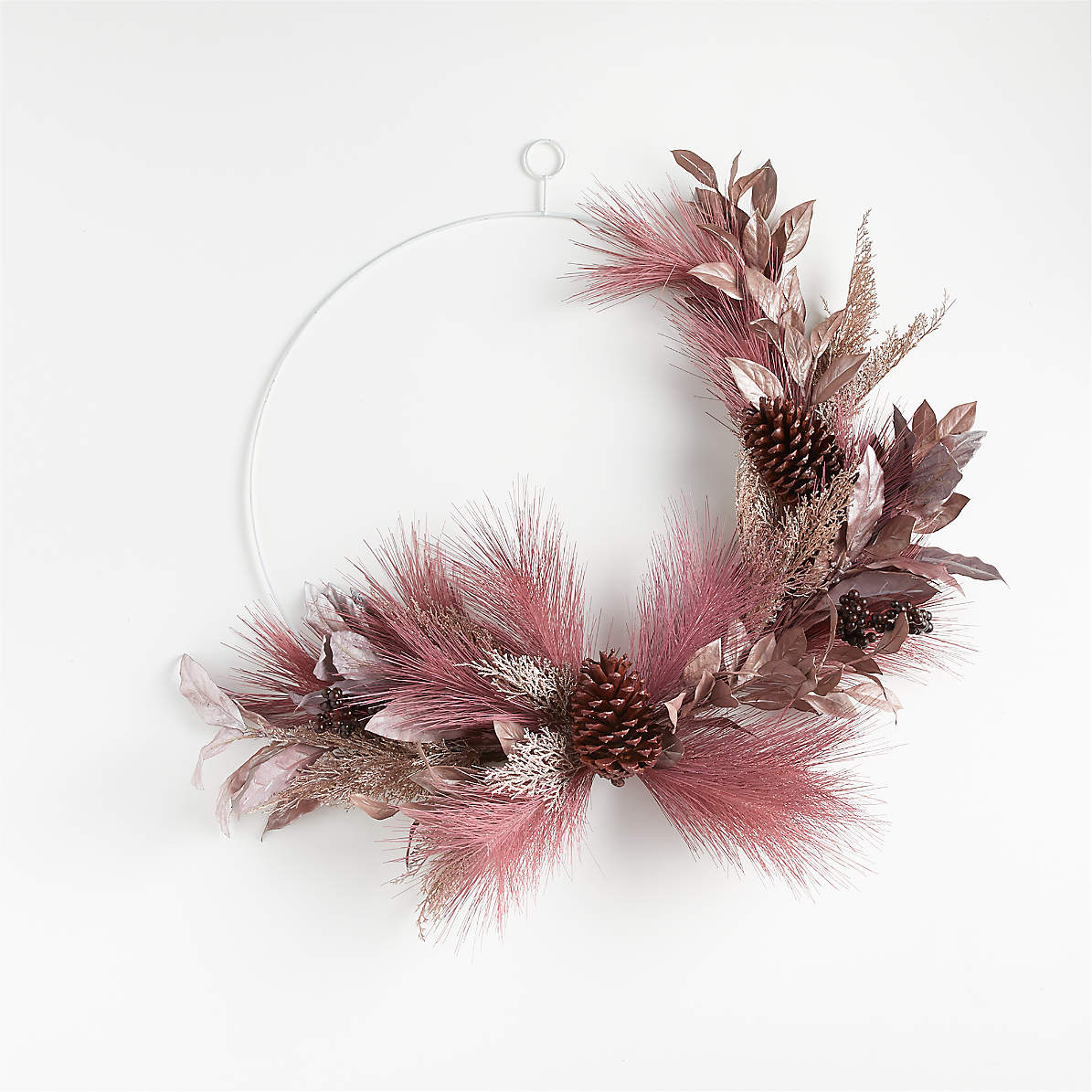 pink faux floral wreath on metal hoop