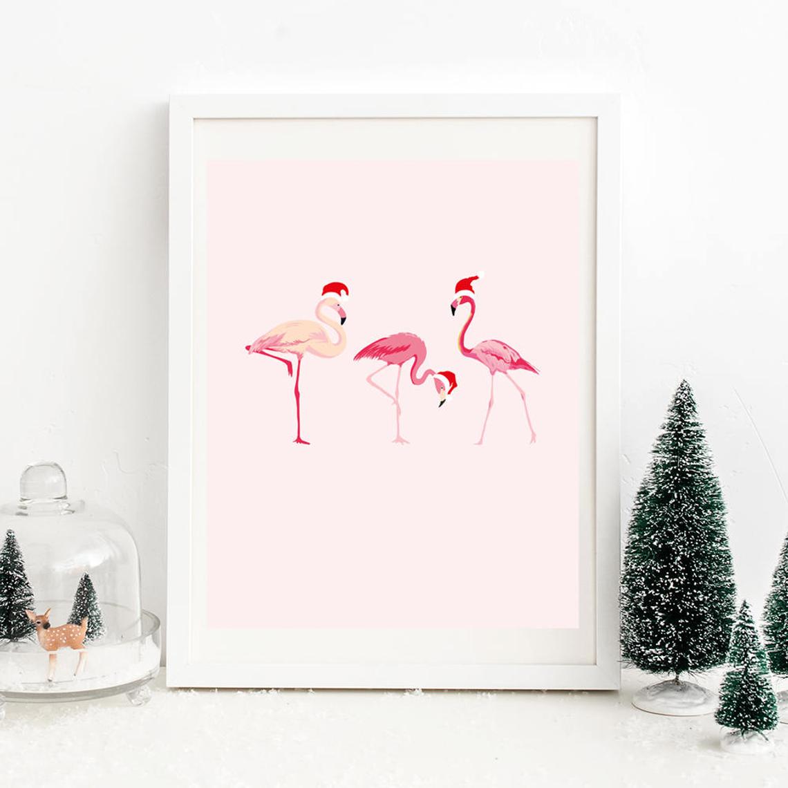 flamingos wearing santa hats print