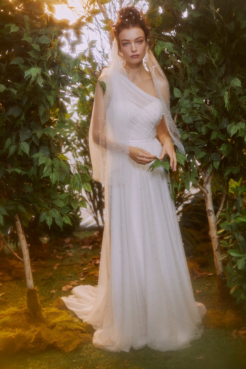 one shoulder pearl dotted spring wedding dress