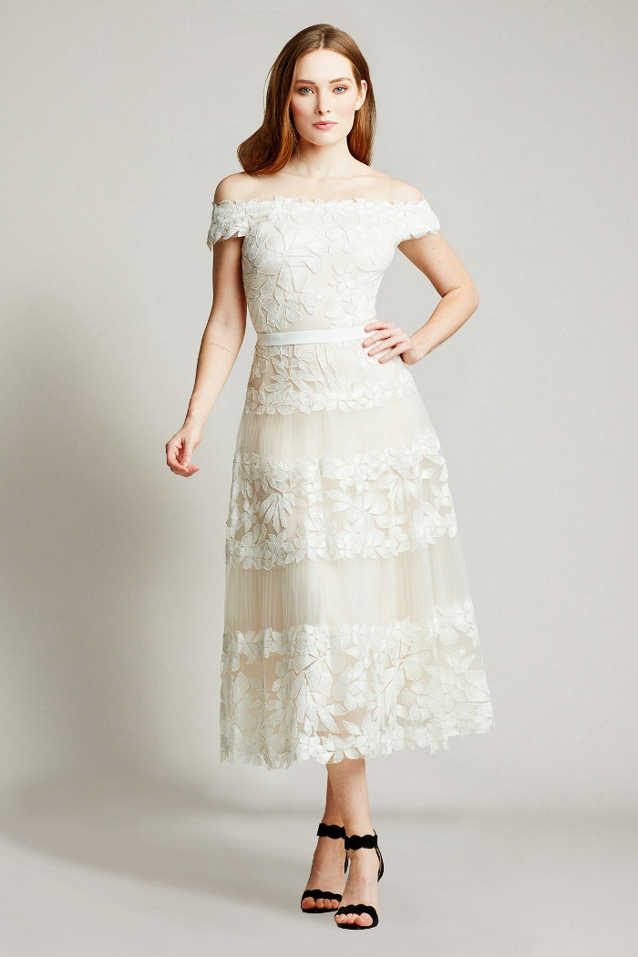 tea length wedding dress with floral appliques