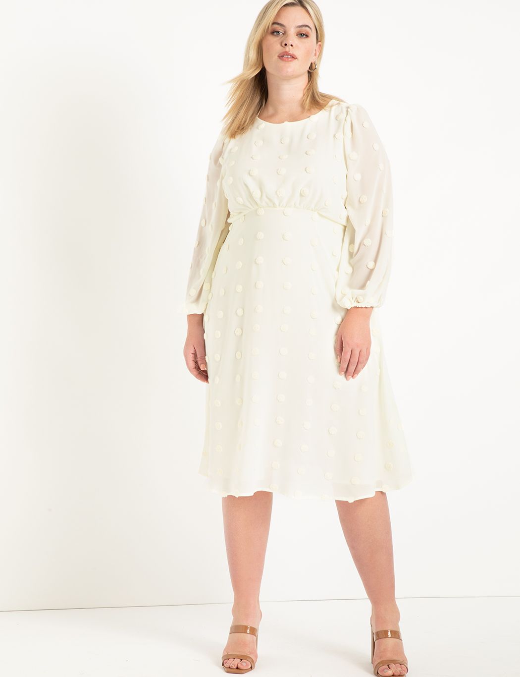dotted tea length white dress