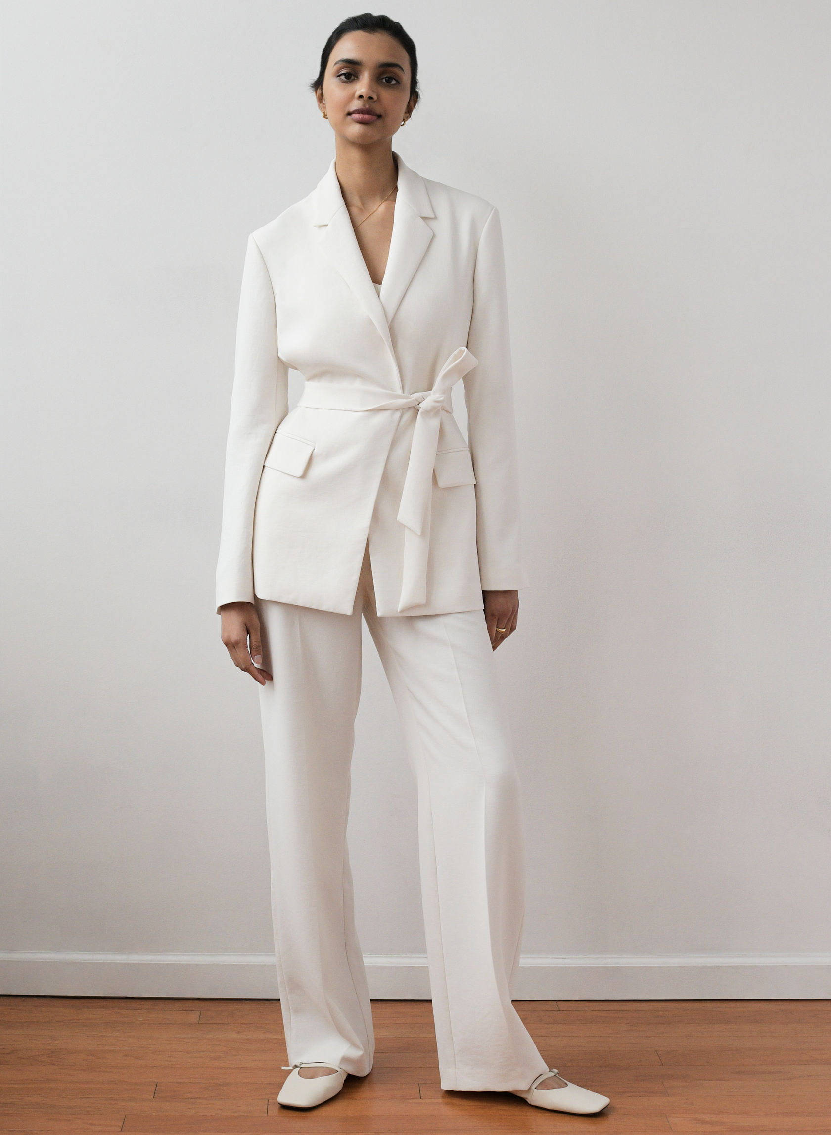 white blazer and pants courthouse wedding outfit