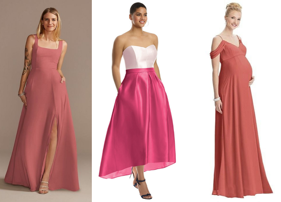 three pink bridesmaid dresses