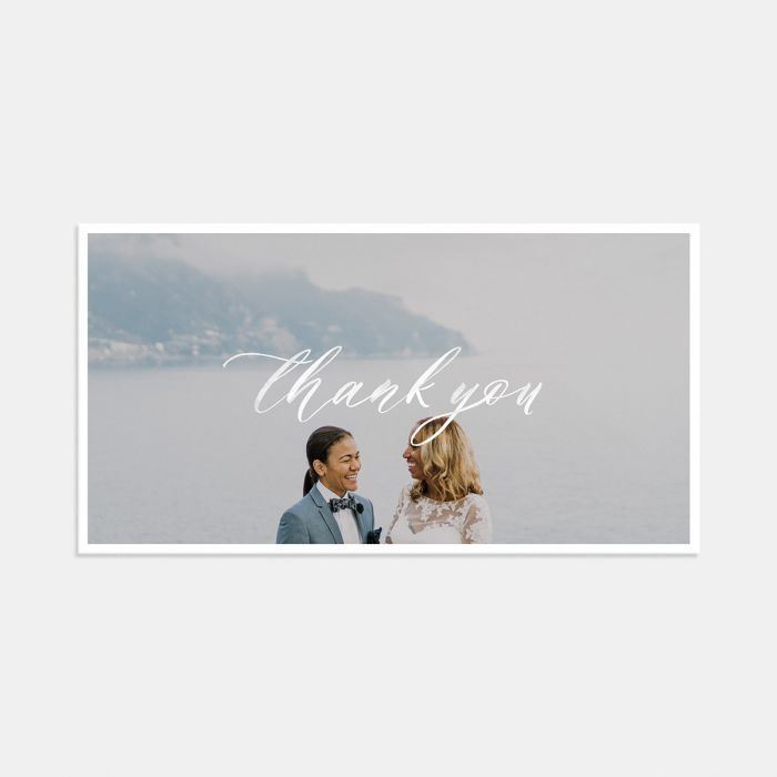 photo wedding thank you card with couple smiling