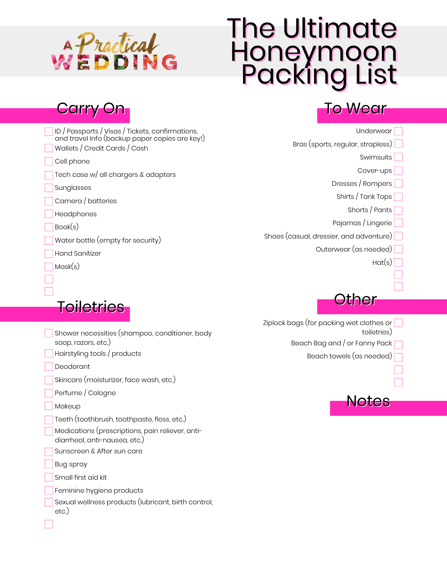 Printable honeymoon packing checklist
