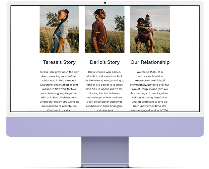 Computer screen showing a wedding website with titles: "Teresa's Story", "Dario's Story", and "Our Relationship"
