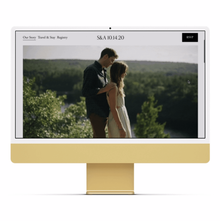 Computer screen showing moving image of a wedding website