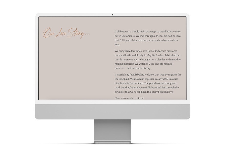 Computer screen showing a wedding website with title "our love story"