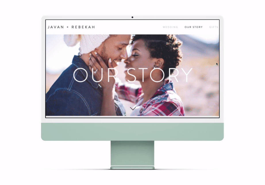 Computer screen showing moving image of a wedding website