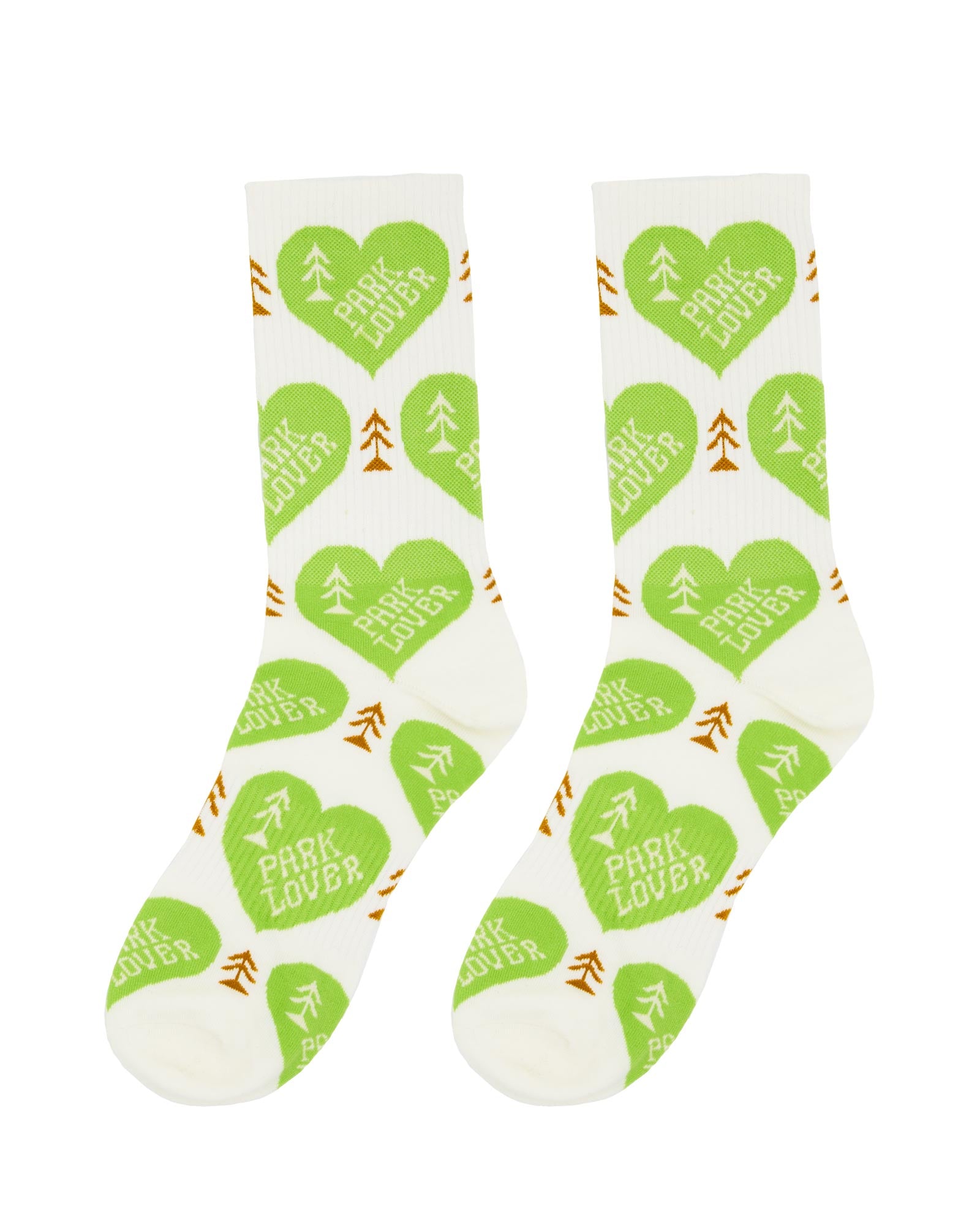 White socks with green hearts that say 