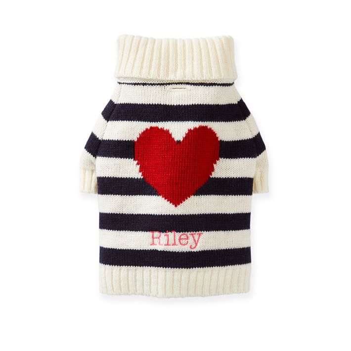 Dog sweater with blue stripes and a red heart, perfect puppy Valentine's gift
